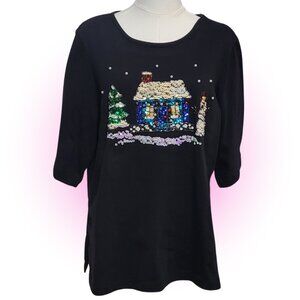 VTG Y2K SNOWMAN LOG CABIN WINTER EMBROIDERED MCBLING T-SHIRT EUC L